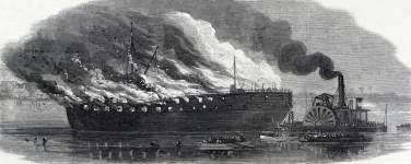 Destruction of the U.S.S. Brandywine, receiving ship, Gosport Navy Base, Virginia, September 3, 1864, artist's impression