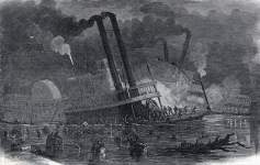 Mississippi steamboats "Niagara" and "Postboy" colliding near Helena, Arkansas, November 24, 1865, artist's impression
