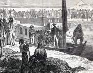 Passage of the first boat through the Suez Canal, August 15, 1865, artist's impression, detail