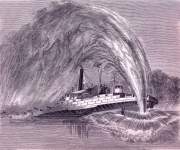 Explosion of a river mine under the U.S.S. Commodore Barney, August 4, 1863, artist's impression, zoomable image