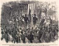 Sergeant Prince Rivers receives the colors of the First South Carolina Volunteers, Port Royal, South Carolina, January 1, 1863