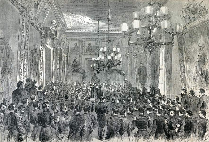 Civic reception at the City Hall during President Johnson's visit to New York City, August 29, 1866, artist's impression, zoomable image