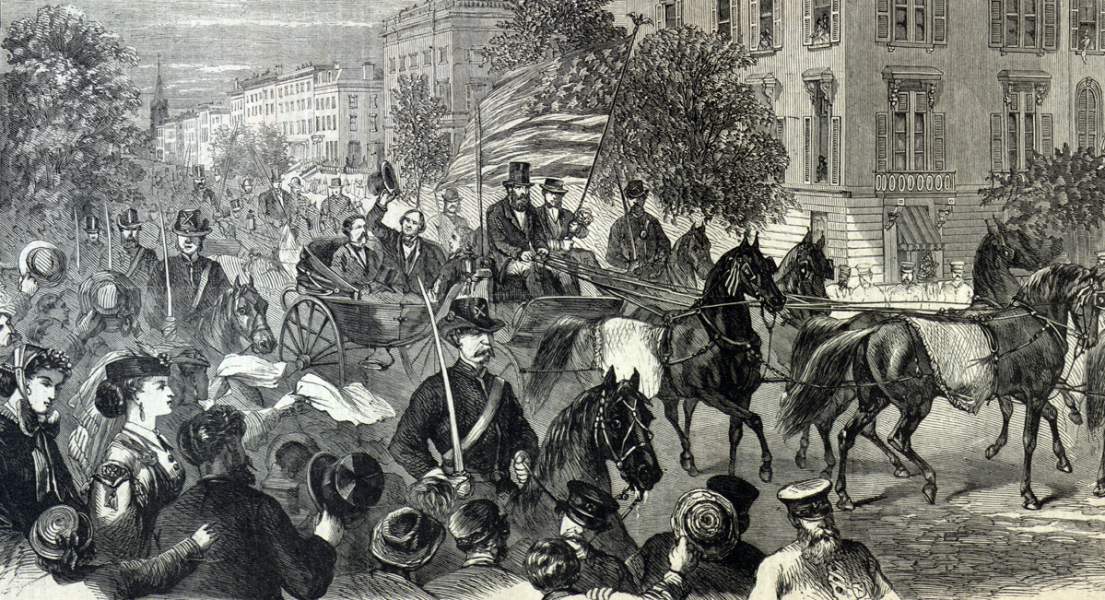 President Andrew Johnson's carriage on Fifth Avenue, New York City, August 1866, artist's impression, detail