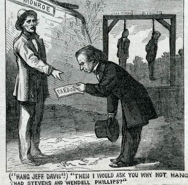 "Why Not Hang Thad Stevens and Wendell Phillips?" from "Andy's Trip," Harper's Weekly Magazine, October 27, 1866, artist's impression, zoomable image.