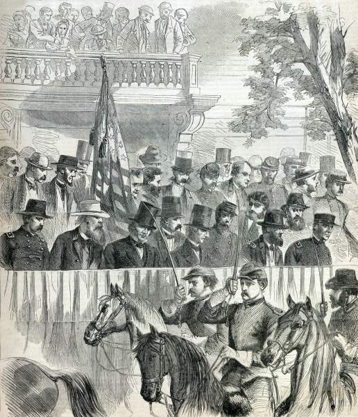 President Johnson reviewing New York militia during his visit to New York City, August 29, 1866, artist's impression, zoomable image.