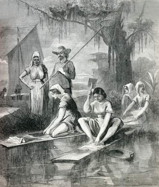Washing day in Acadian Louisiana, Bayou Lafourche, September 1866, artist's impression.