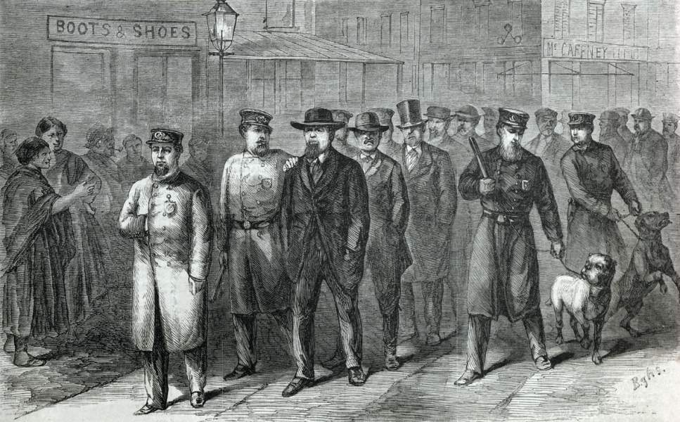 New York City Police raid on a dog fighting establishment, December 1, 1866, artist's impression.