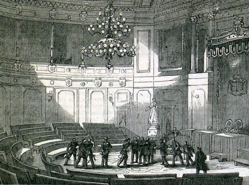 Arrest of the members of the Spanish Legislature, December 27, 1866, artist's impression.