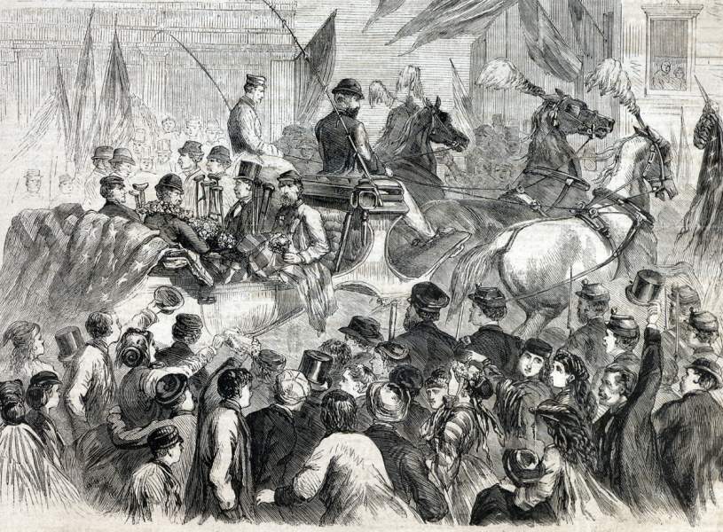 Disabled Civil War veterans being transported to a civic medal awards ceremony, Brooklyn, New York, October 25, 1866, artist's impression.