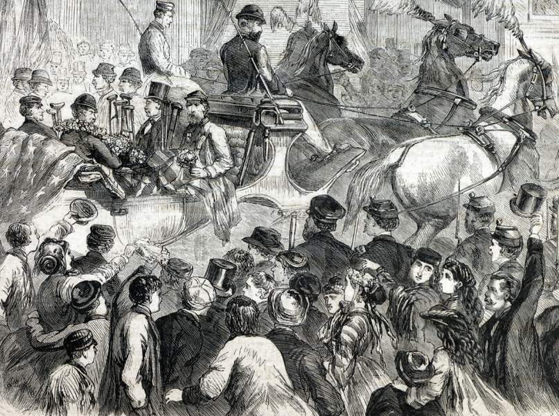 Disabled Civil War veterans being transported to a civic medal awards ceremony, Brooklyn, New York, October 25, 1866, artist's impression, detail.