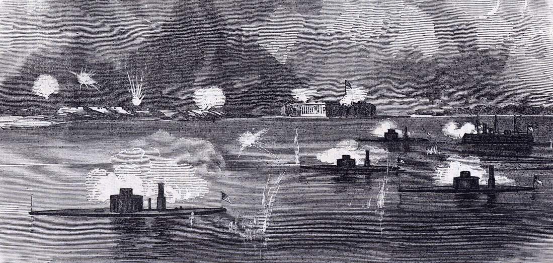Bombardment of Fort Wagner, Charleston Harbor, South Carolina, Summer 1863, artist's impression.