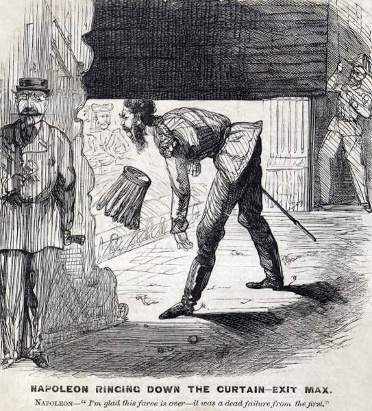 "Napoleon ringing down the Curtain - Exit Max," cartoon, Frank Leslie's Illustrated, December 8, 1866