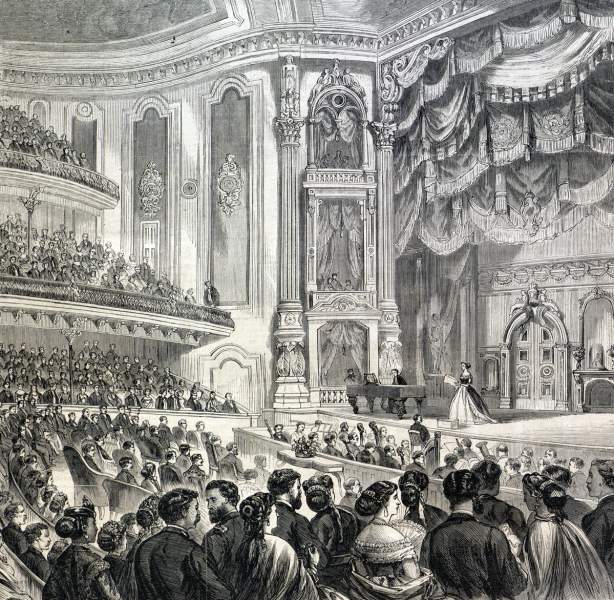 President Johnson and his party enjoy a concert at the Cosby Opera House, Chicago, Illinois, September 6, 1866, artist's impression.