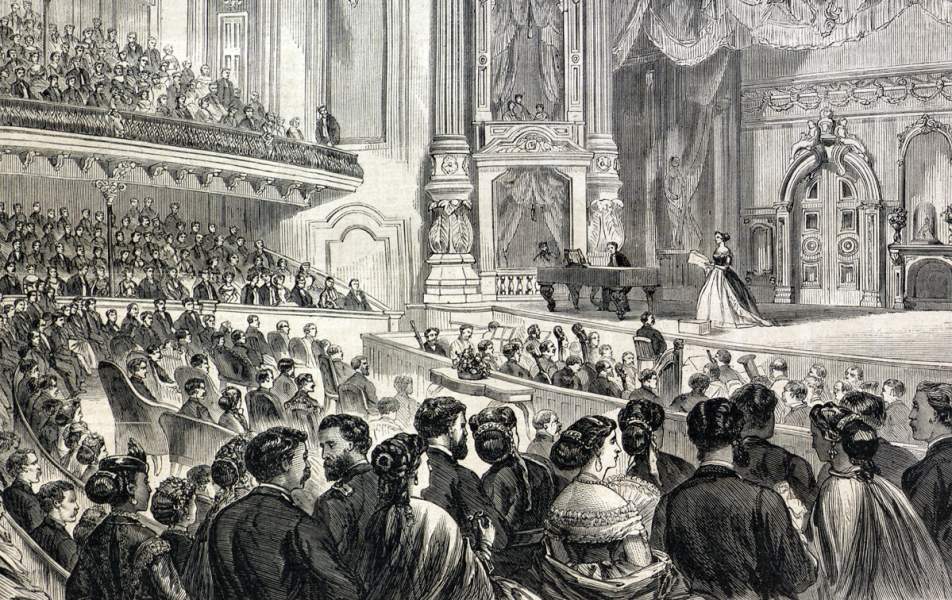 President Johnson and his party enjoy a concert at the Cosby Opera House, Chicago, Illinois, September 6, 1866, artist's impression, detail.