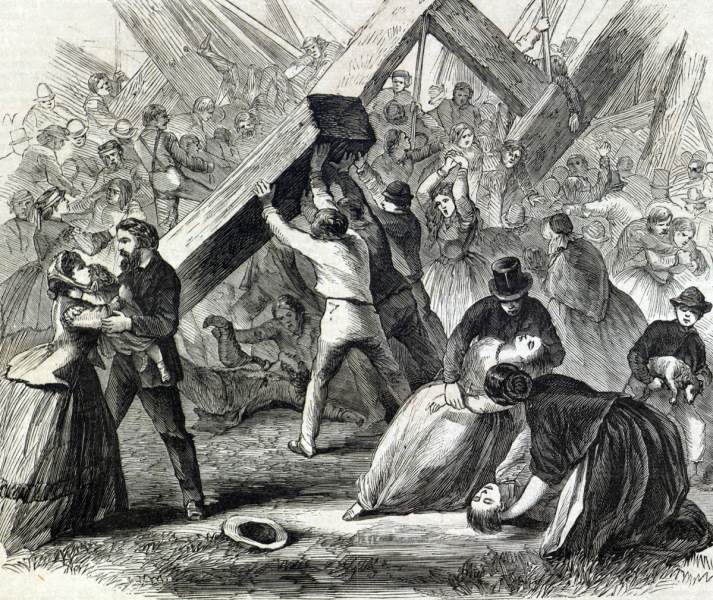 Clearing wreckage from the deadly platform collapse at Johnstown, Pennsylvania, September 14, 1866, artist's impression.