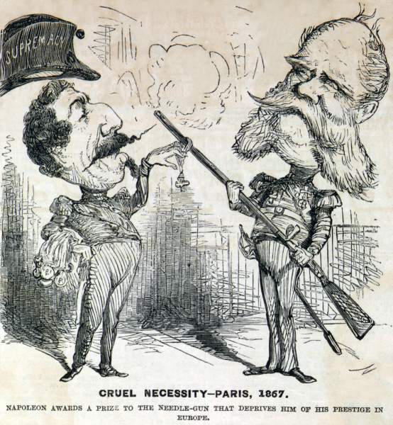 "Cruel Necessity - Paris, 1867," cartoon, Frank Leslie's Illustrated, June 8,1867.