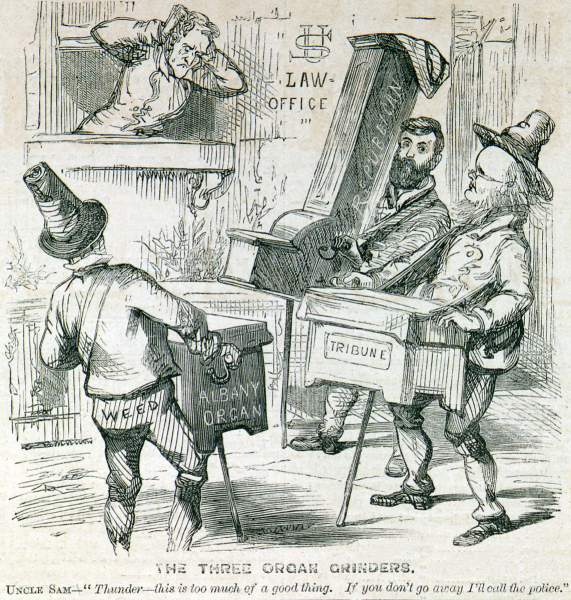 "The Three Organ Grinders," cartoon, Frank Leslie's Illustrated, May 4,1867.