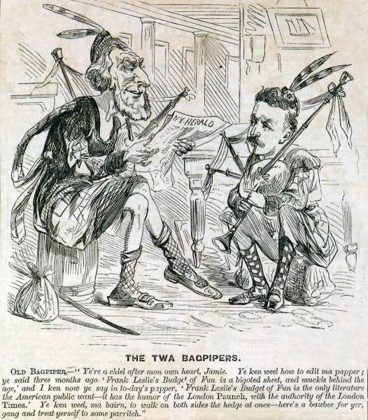 "The Twa Bagpipers," cartoon, Frank Leslie's Illustrated, May 18,1867.