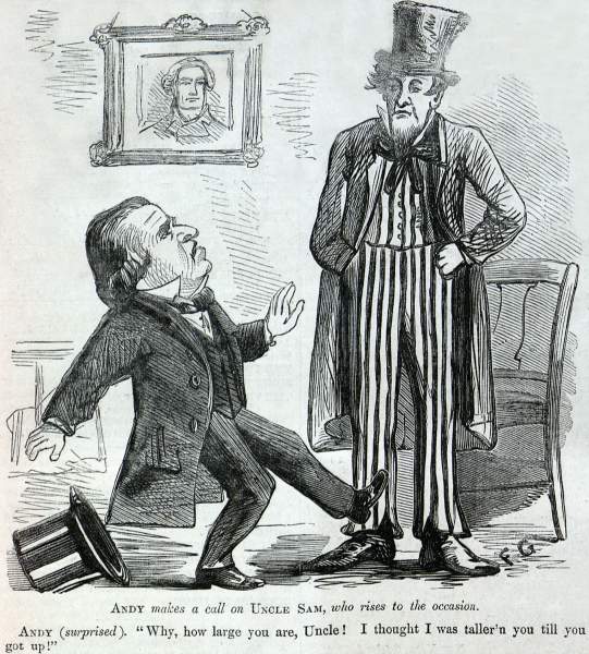 "The Call on Uncle Sam," cartoon, Harper's Weekly Magazine, December 1, 1866.