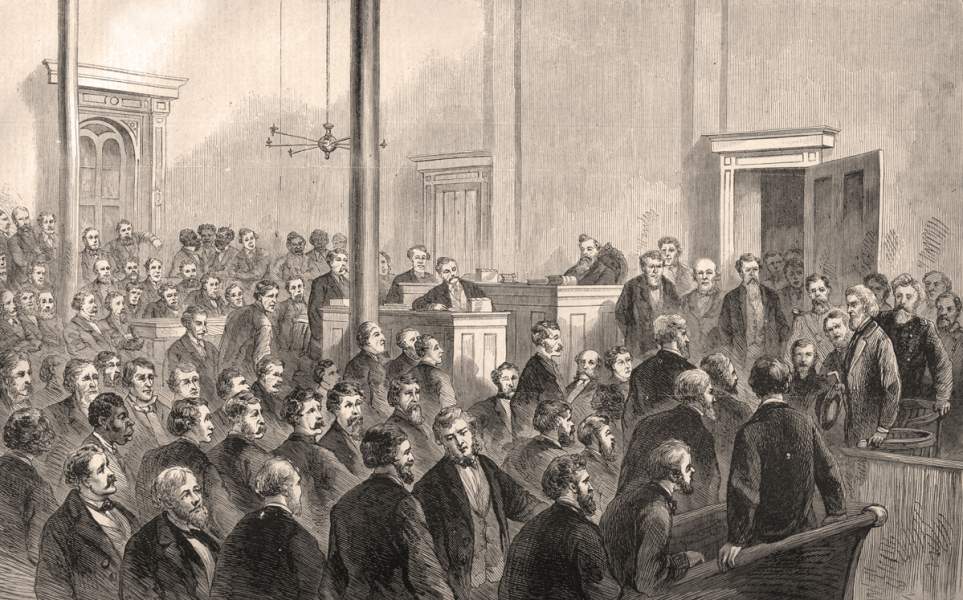 Jefferson Davis before the U.S. District Court, Richmond, Virginia, May 13, 1867, artist's impression.