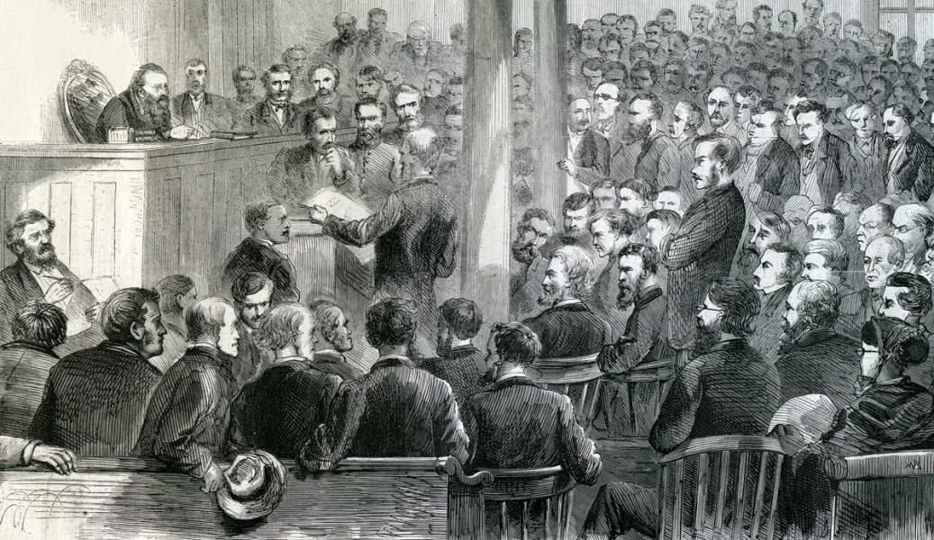 Former Confederate President Jefferson Davis appearing in federal court in Richmond, Virginia, May 13, 1867, artist's impression, detail.