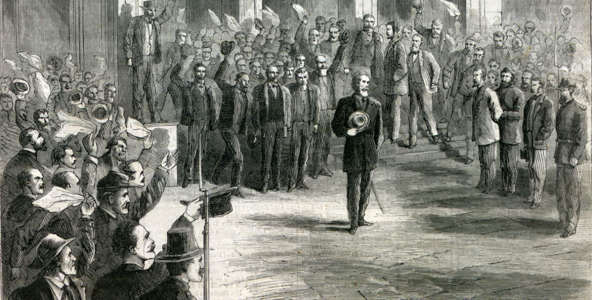 Former Confederate President Jefferson Davis outside the courthouse in Richmond, Virginia, following his release on bail, May 13, 1867, artist's impression, detail.
