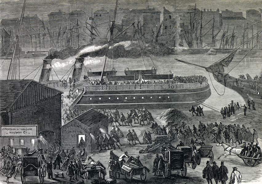 Suspected Fenian Brotherhood members fleeing Ireland, Dublin Docks, March 1866, artist's impression