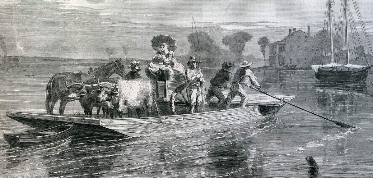 Ferry on Berwick Bay, Atchafalaya River, to Brashear City (modern day Morgan City), Louisiana, September 1866, artist's impression, detail.