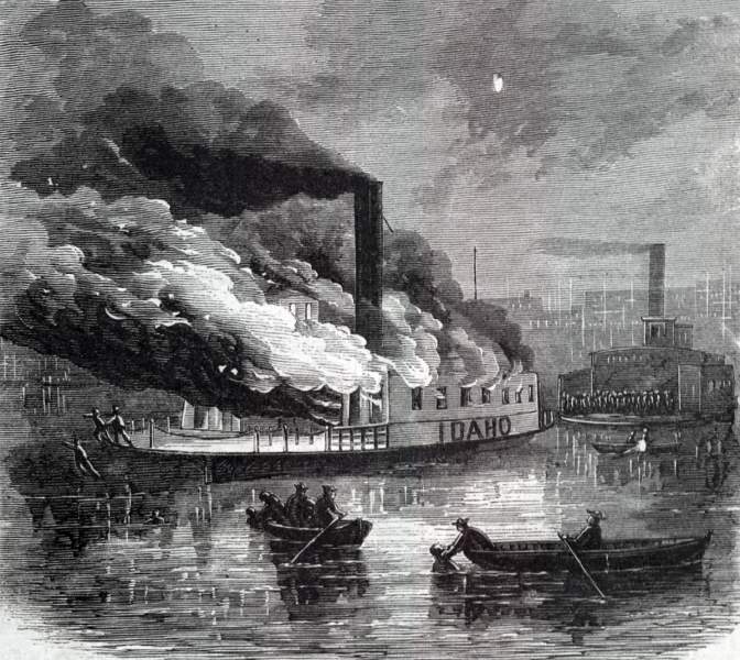 The Brooklyn Ferry "Idaho" burning in the East River, New York City, November 26, 1866, artist's impression.