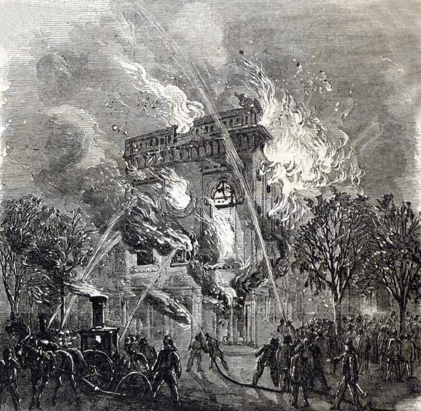 Destruction by Fire of the Academy of Music, Cincinnati, Ohio, July 12, 1866, artist's impression.