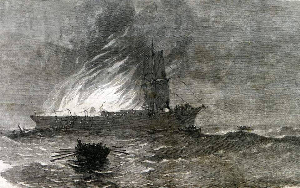 Fire destroys the steamship "Andalusia" at sea, March 3, 1867, artist's impression.