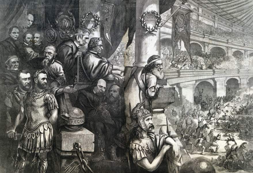 Thomas Nast, "Amphitheatrum Johnsonianum - Massacre of the Innocents at New Orleans, July 30, 1866," cartoon, zoomable image.