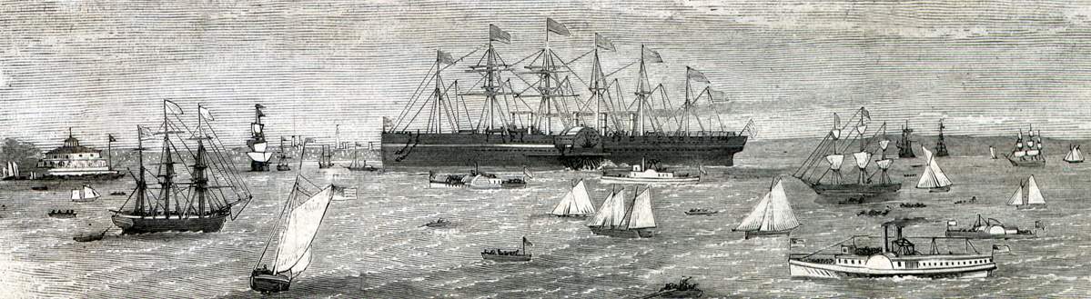 Arrival in New York Harbor of the S.S. Great Eastern, April 8, 1867, artist's impression.