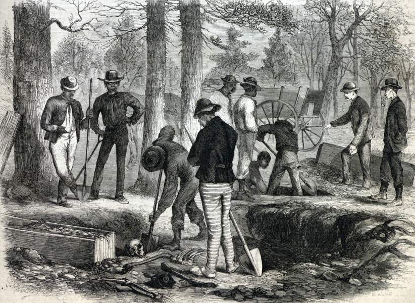 Government Reburial Parties exhuming Union dead from Seven Pines and Fair Oaks battlefields, Virginia, October 1866, artist's impression.