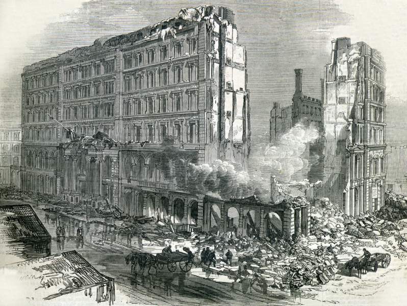 Ruins of the Lindell Hotel, St. Louis, Missouri, April 1, 1867, artist's impression.