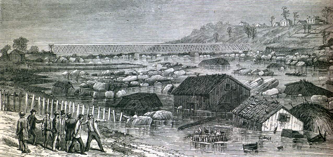 Ice dam breaking on the Fox and Illinois Rivers in Illinois, February 14, 1867, artist's impression, zoomable image.
