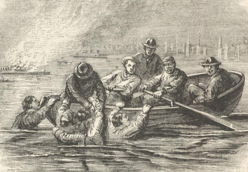 Survivors of the burning ferry "Idaho" being pulled from New York's East River, November 26, 1866, artist's impression.