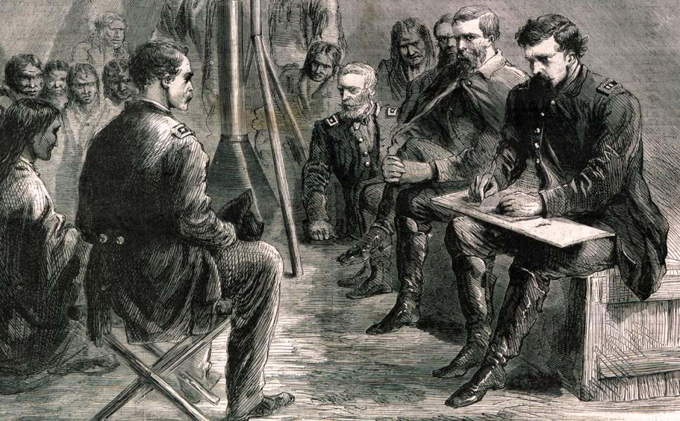 Meeting between General W.S. Hancock and Satanta and other Kiowa tribal leaders, Fort Dodge, Kansas, April 1867, artist's impression, detail.