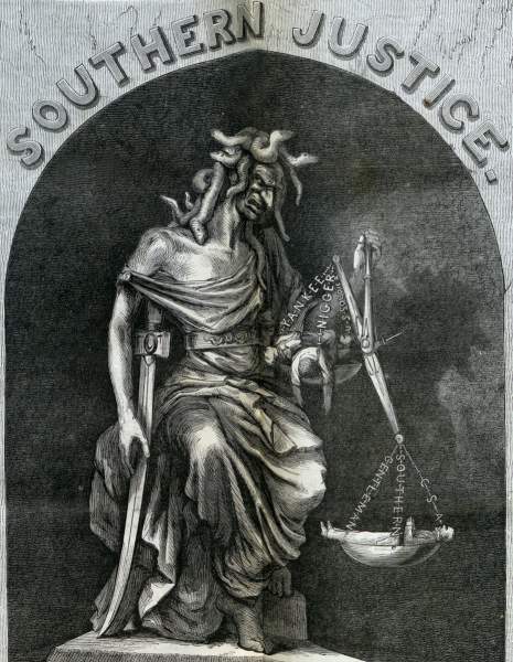 Thomas Nast, "Southern Justice," cartoon, Harper's Weekly Magazine, March 23, 1867, central panel detail.