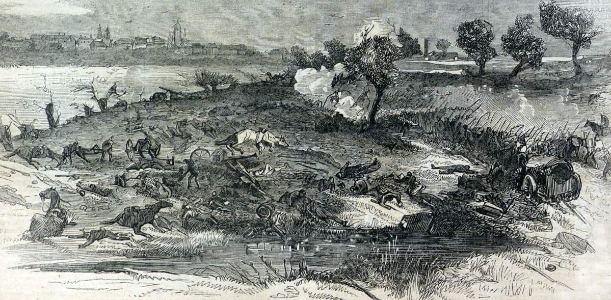 Aftermath of the battle of Königgrätz/Sadowa, June 3, 1866, artist's impression, zoomable image.