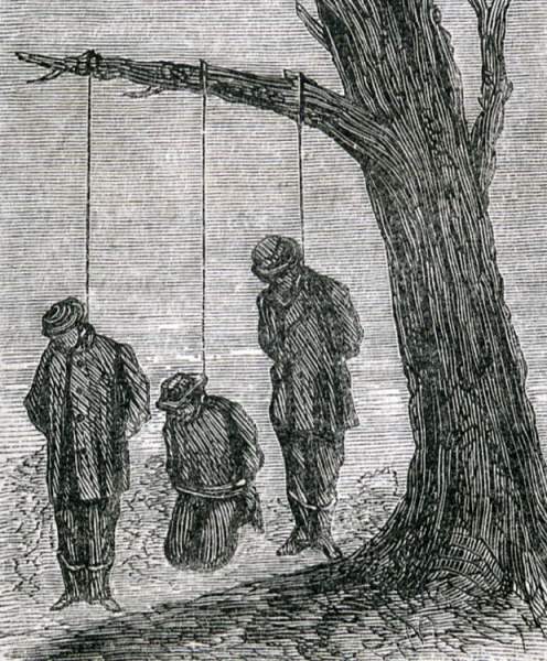 Lynching of three men in Lebanon, Kentucky, September 24, 1866, artist's impression.