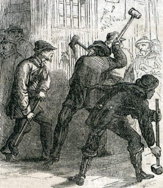 Mob breaking into a jail to lynch three men in Lebanon, Kentucky, September 24, 1866, artist's impression.