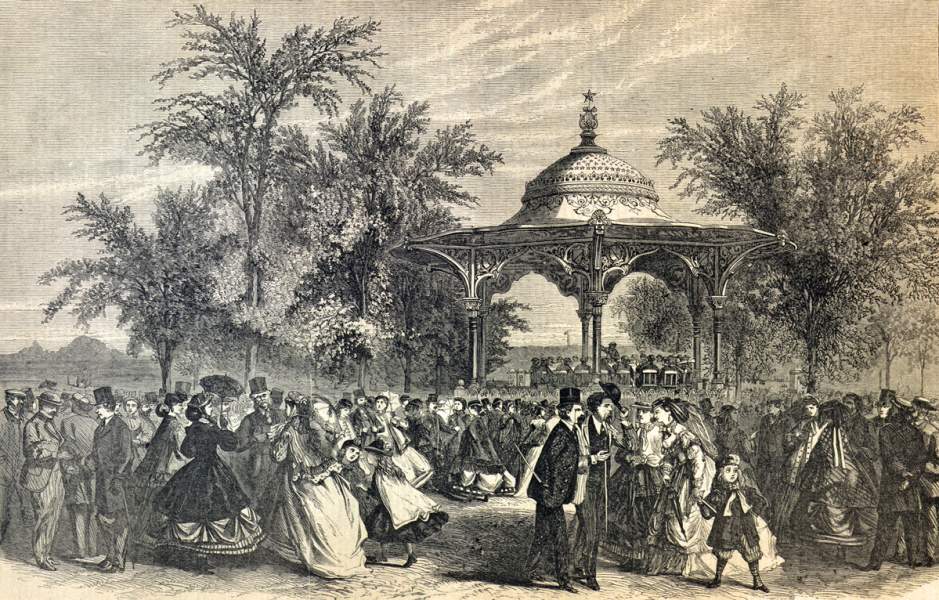 Saturday music in Central Park, New York City, summer 1866, artist's impression