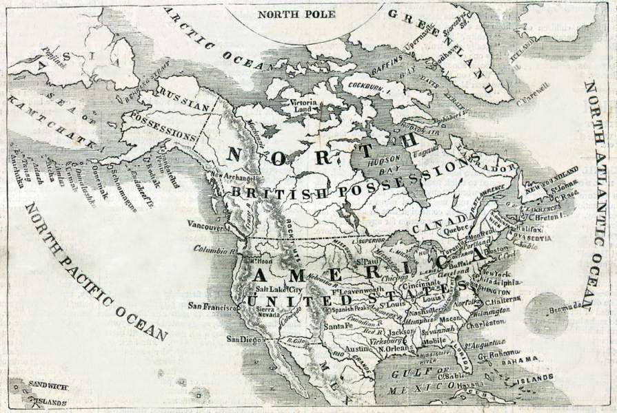 North America at the time of the Alaska Purchase, 1867, map.