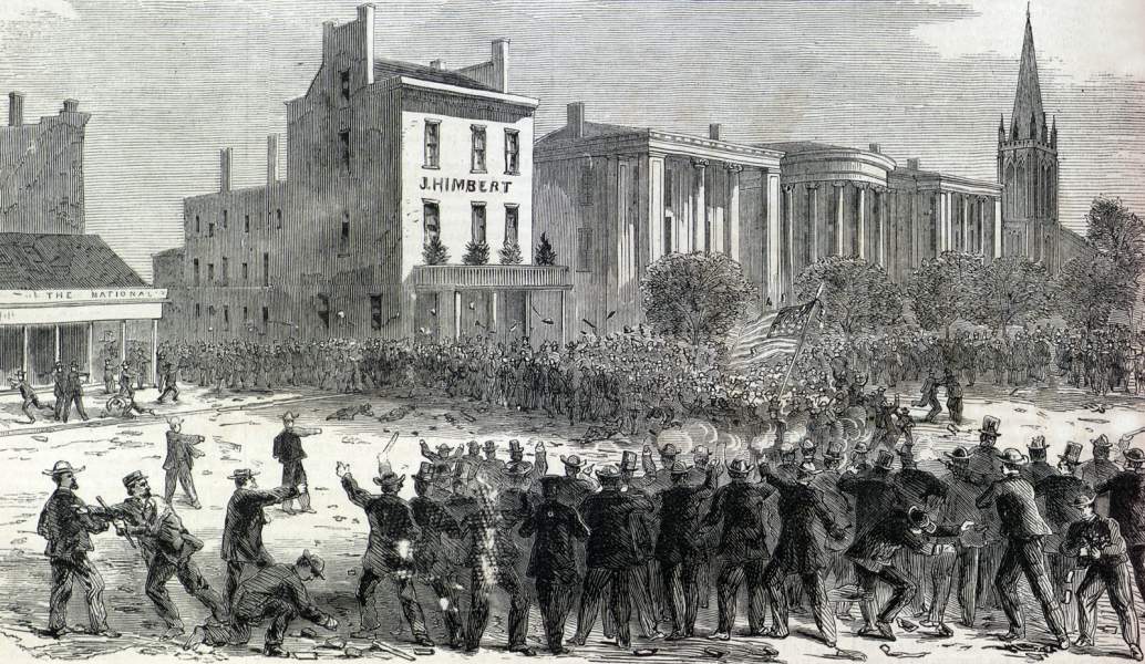 Freedmens' procession clashes with white rioters during the New Orleans Riot, July 30, 1866, artist's impression, zoomable image.