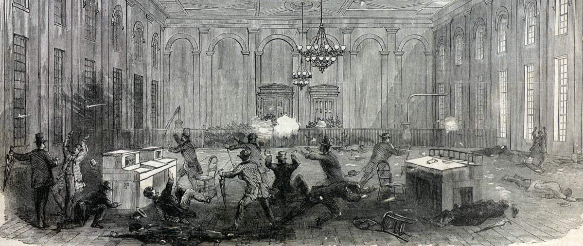 Attack on the Mechanics Institute during the New Orleans Riot, July 30, 1866, artist's impression.