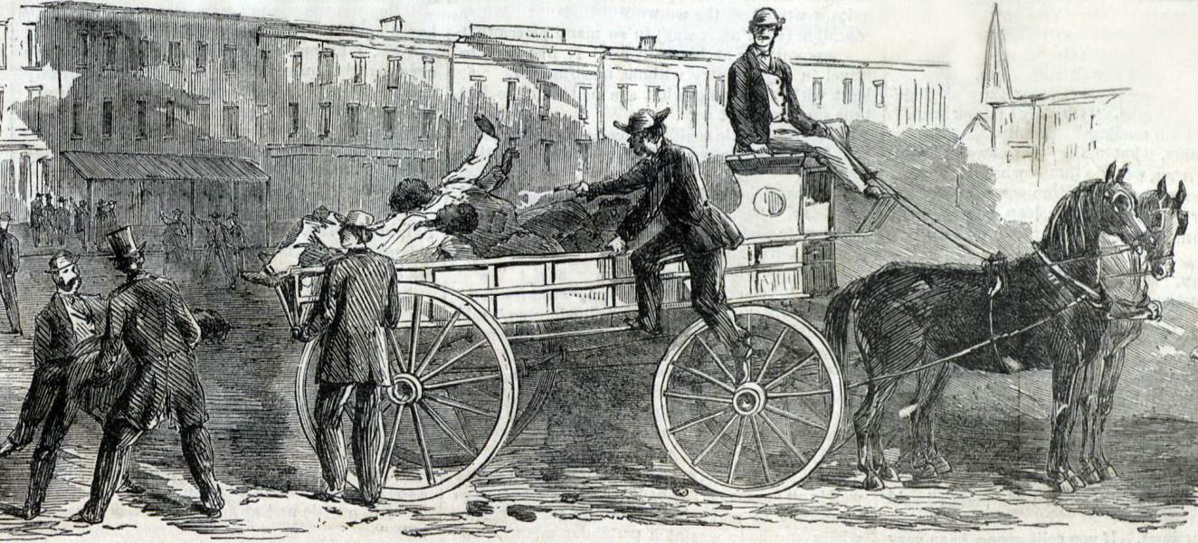 Loading the African-American dead and dying, New Orleans Riot, July 30, 1866, artist's impression, detail.