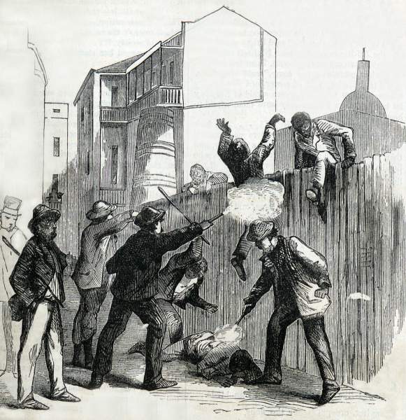 Murder of African-Americans escaping from the Mechanics' Institute during the New Orleans Riot, July 30, 1866, artist's impression.