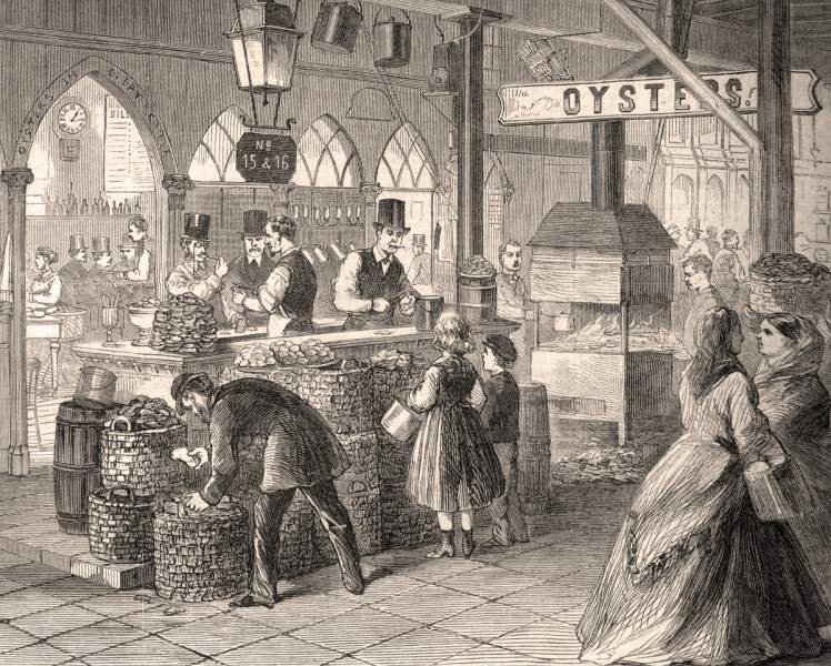 Oyster Stall, Fulton Street Market, New York City, May 1867, artist's impression.