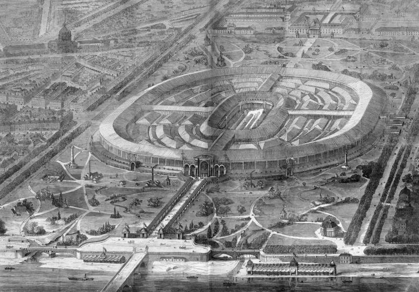 Artist's impression of the grounds of the Great Paris Exhibition of 1866 when complete, October 1866, zoomable image.